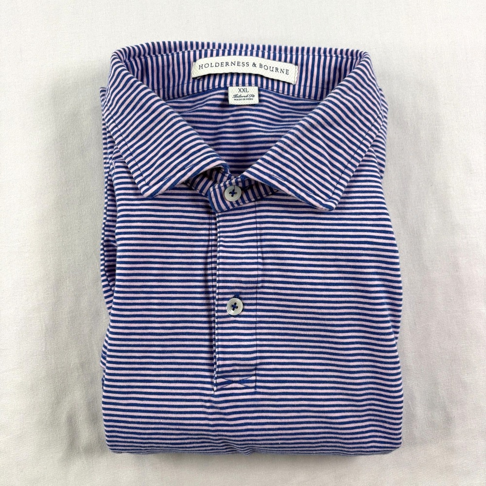 Holderness & Bourne Shirt Mens 2XL Blue Pink Striped Golf The Herron Pima Cotton
